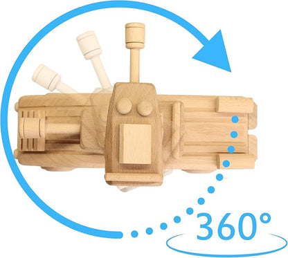 Handmade Wooden Toy Transporter, Paintable WW2 Army Car, Rotating Turret & Wheels, Children's Handcrafted Military Toy, Ideal for Boys, Decoration, Kids Play and Learning