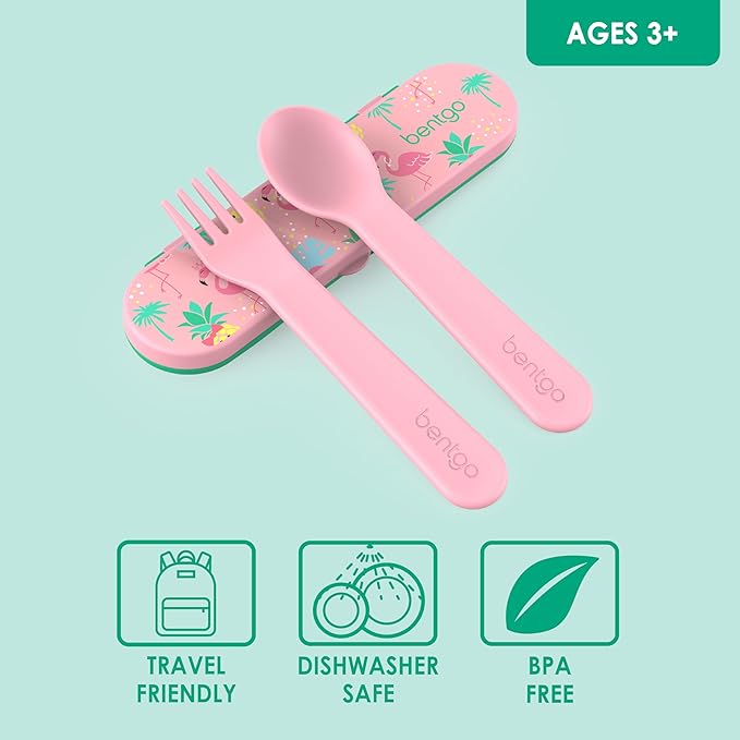 Bentgo Kids Utensil Set - Reusable Plastic Fork, Spoon & Storage Case - BPA-Free Materials, Easy-Grip Handles, Dishwasher Safe - Ideal for School Lunch, Travel, & Outdoors (Tropical)