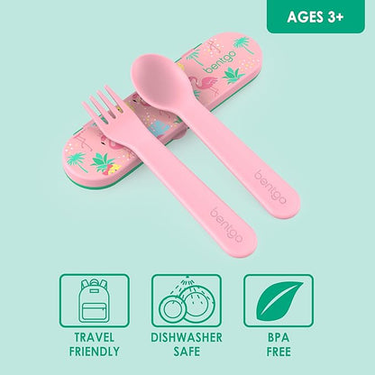 Bentgo Kids Utensil Set - Reusable Plastic Fork, Spoon & Storage Case - BPA-Free Materials, Easy-Grip Handles, Dishwasher Safe - Ideal for School Lunch, Travel, & Outdoors (Tropical)