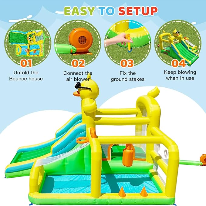 Baralir Duck-Themed Inflatable Bounce House with Extra Wide Slide & Climbing Wall, Basketball Hoop, Ring Toss, Punching Bag, 2-in-1 Splash Pool/Ball Pit - Indoor/Outdoor Jumping Castle for Toddlers