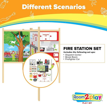 Fire Station - Large Kids Pretend Play Set for Toddlers Ages 3+ Years –Wooden Toy Playset Folds Away for Easy Storage with 20 Fun & Interactive Pieces
