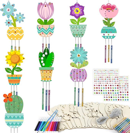gisgfim 16 Pack Flower Wind Chime Crafts Kits for Kids Make Your Own Flower Wind Chime Wooden DIY Arts and Crafts Decoration for Birthday Party School Classroom Decorations Supplies Birthday Favors