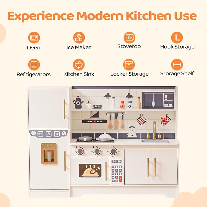 JOYMOR Kids Wooden Play Kitchen Sets, New Modern Children's Wooden Toy Kitchen w/Refrigerators & Ample Play Kitchen Accessories, Ideal Pretend Playset Gift for Toddlers