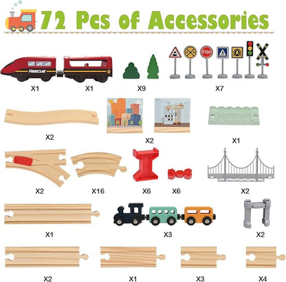 Wdmiya Wooden Train Set for Toddlers, 72 Pcs Wooden Train Track for Kids, Train Toy with Bridge and Tracks (Fits Thomas & Brio), Christmas Birthday Trains Gift for 2 3 4 5 6 7 8 Years Old