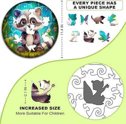 Wooden Jigsaw Puzzles for Kids Ages 4-6, 50 Piece Unique Shape Animal Theme Puzzle - Preschool Learning Educational Toys for Kids 3+, Valentines Day Birthday Easter Gifts for Kids Girls Boys (raccoon)