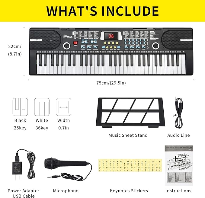 Kids Keyboard 61 Keys, Beginner Electronic Piano with One-Key Teaching 100 Tones & Rhythms, Portable Music Keyboard for Children with Microphone, Music Stand [Black, Piano Only]