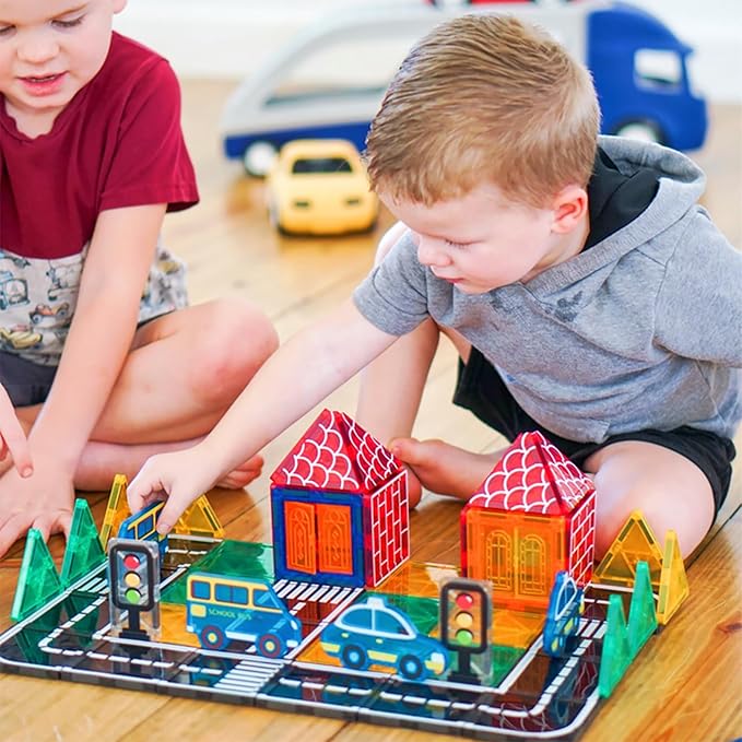 Magnetic Tiles Road Set with Car Toys, Magnetic Building Blocks for Toddlers, STEM Construction Toys for Kids Ages 3+, Gifts Toys for Boys & Girls