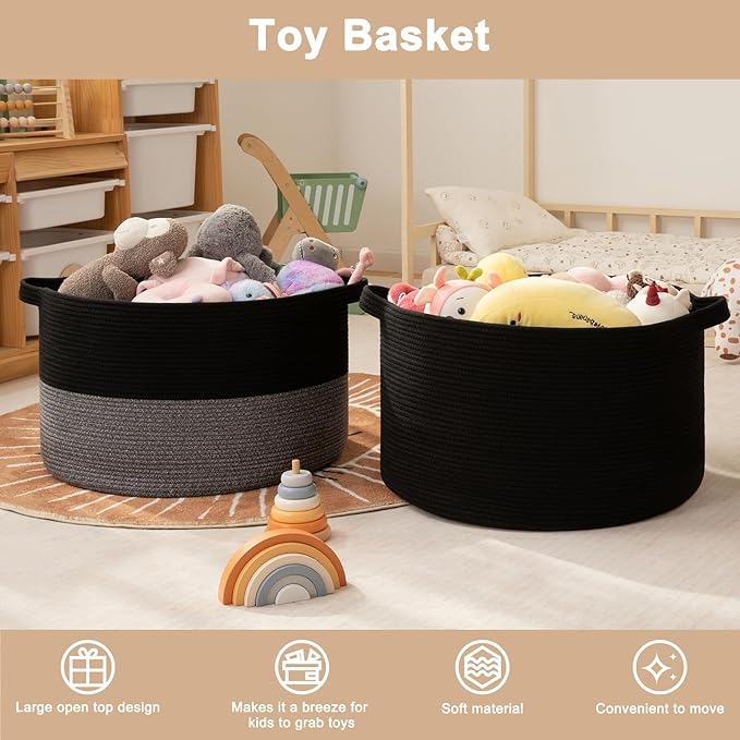 OIAHOMY 90L XXXLarge Blanket Basket for Living Room, 21.7" x 13.8" Woven Cotton Rope Laundry Basket for Organizing Pillows, Decorative Stuffed Animal Toy Storage Bin for Nursery, Black and Grey