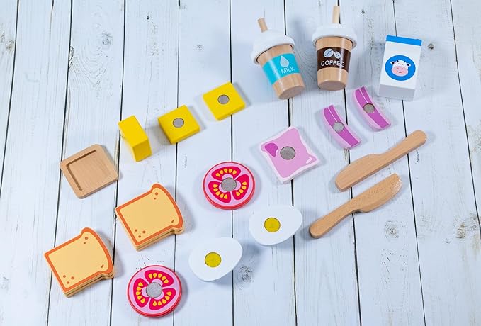 PLAZA BROTHER'S Wooden Food Playset Bakery and Picnic Toy, Kids Pretend Play Food Kitchen Accessories with Realistic Shopping Bag. Perfect for Boys and Girls 3 Years and Up