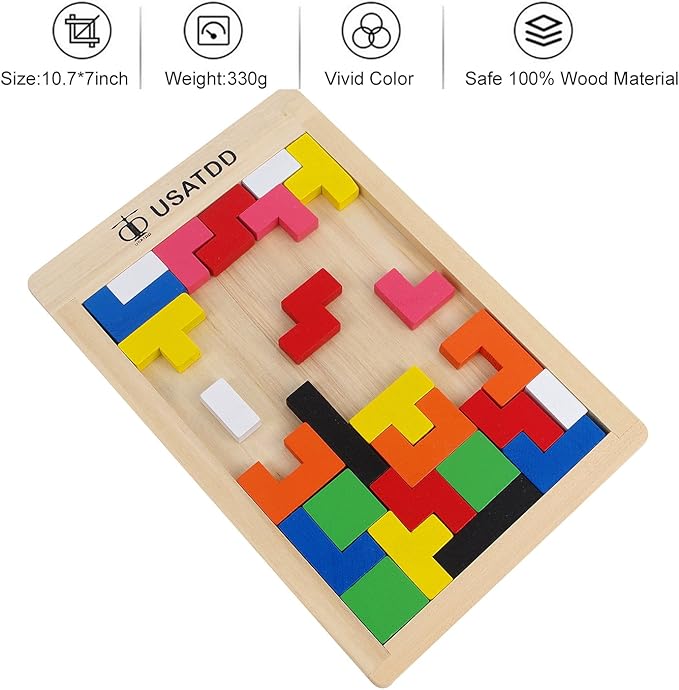 USATDD Wooden Puzzles Blocks Brain Teasers Toy Russian Tangram Colorful Jigsaw Game Montessori Intelligence STEM Preschool Educational Gift for Baby Toddlers Kids 3 4 5 6 7 Years Old Boys Girls 40Pcs
