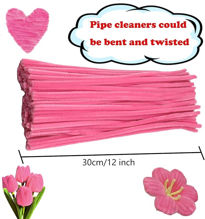 Swpohrat 100 Pieces Dark Pink Pipe Cleaner Craft Set,Thick Fuzzy Chenille Stem Pipe Cleaners for DIY Craft Projects and Decorations