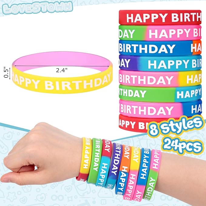 LovesTown 24PCS Happy Birthday Rubber Bracelets, Silicone Stretch Wristbands for Kids Party Supplies