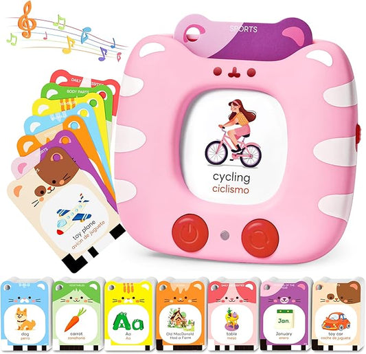 Bilingual Spanish & English Talking Flash Cards for Toddlers 1-5, 454 Words+6 Songs, Clear Voice & Thick Cards & Easy to Slide in and Out, Independent Play & Speech Development Toys