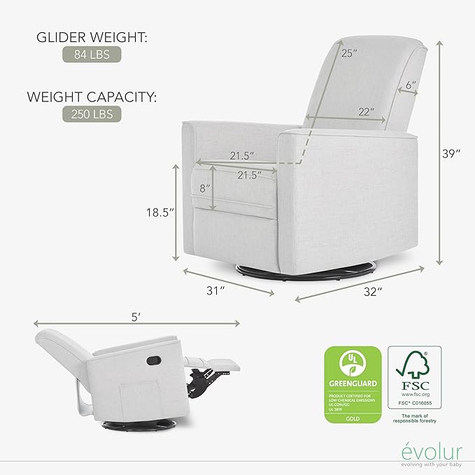 Evolur Raleigh Glider in Fog, Upholstered Plush Seating 360° Swivel Glider Rocking Chair, FSC Certified, Greenguard Gold & JPMA Certified Nursery Glider Recliner