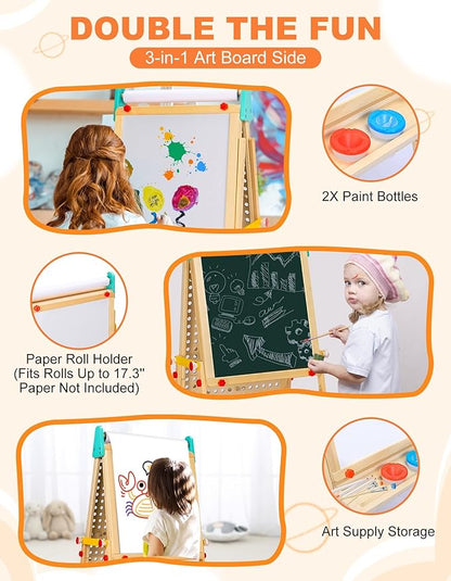 Kids Easel Wooden Marble Run for Kids, 4-in-1 Toddler Art Easel for Kids 3+ Painting Station Stand Drawing, Double-Sided 6 Heights Black Chalkboard Magnetic Whiteboard Paper Roll Holder