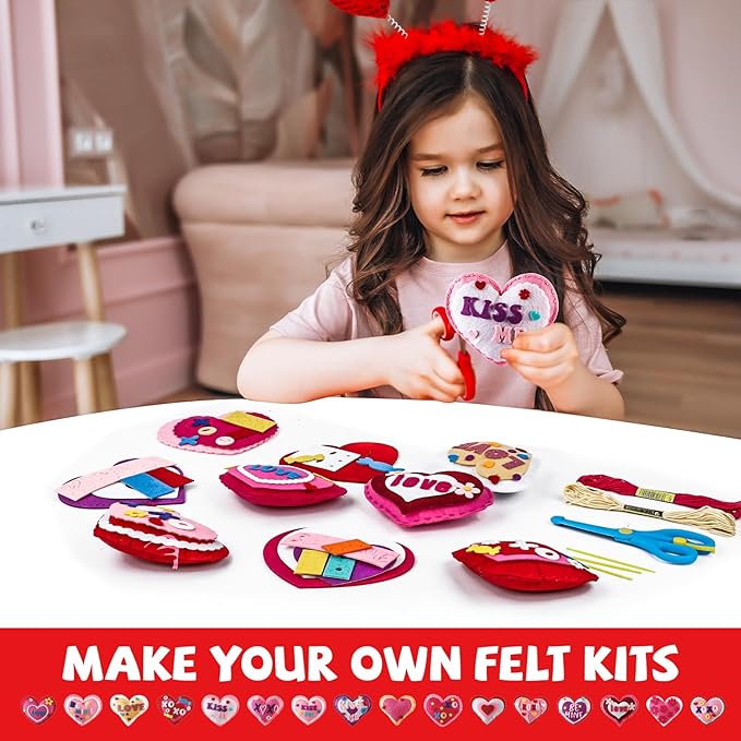 16 Sets Valentine's Day DIY Stuffed Craft Kit Heart Sewing Kit Valentines Day DIY Sewing Set for Beginners Heart Educational Gift Set for Boys and Girls Valentines Felt Ornaments Decoration for kids