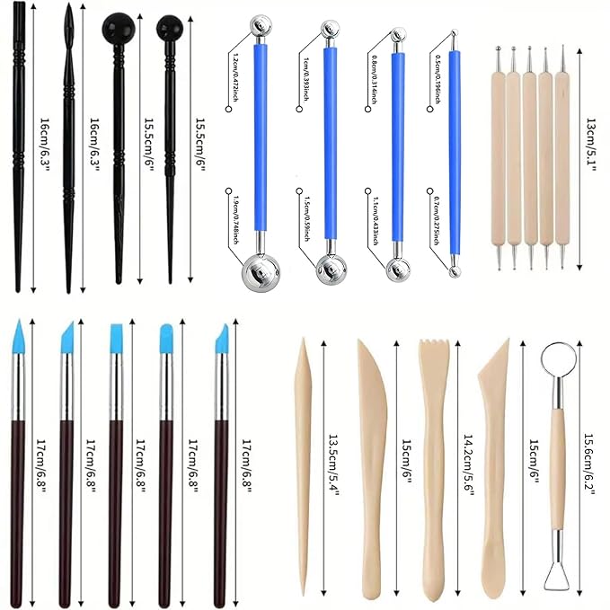 24Pcs Clay Sculpting Tool Set, Polymer Clay Kit with Ball Stylus Pens, Silicone Sculpting Brushes, Wooden Carving Tools & Smoothing Sponge, Professional Pottery Modeling Tools for Ceramic& DIY Crafts
