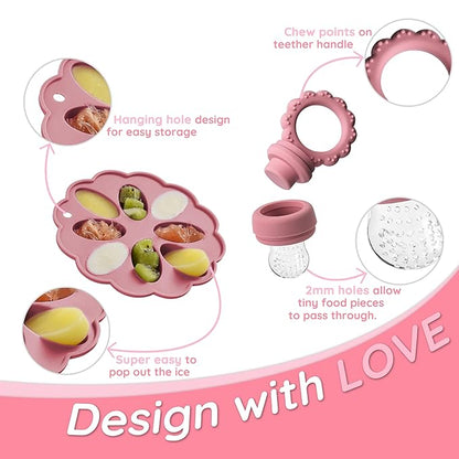 Baby Fruit Food Feeder & Mini Popsicle Ice Tray Set, BPA Free Silicone Baby Feeder for Safe Solid Food Feeding, Breastmilk Popsicle Molds for Cooling Relief, 4 Month+ (Lilac)