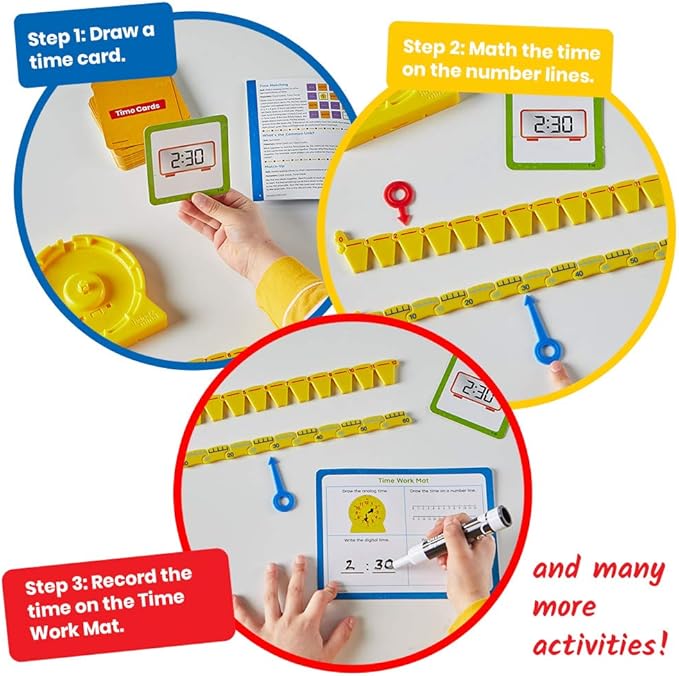 hand2mind Telling Time Basics Center Kit, NumberLine Learn to Tell Time Activity Set, Telling Time Teaching Clock Activities, Analog Classroom Clock for Kids, Math Manipulatives for Elementary School