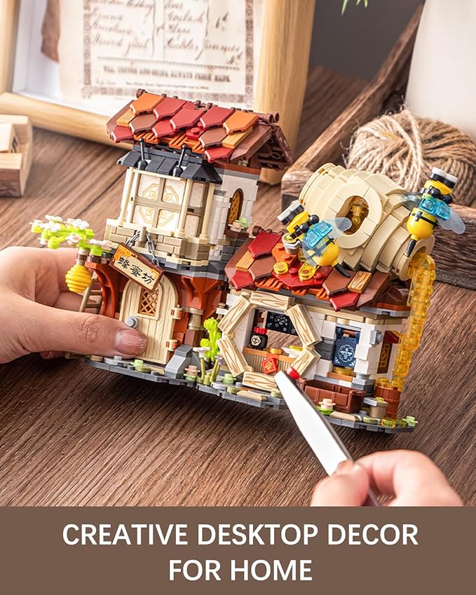City Street View Honey Workshop Building Blocks Set, MOC Creative Bee Model Theme House, Simulation Architecture Construction Toy, Gifts Idea for Kids Adults (Mini Blocks 1242 pcs)
