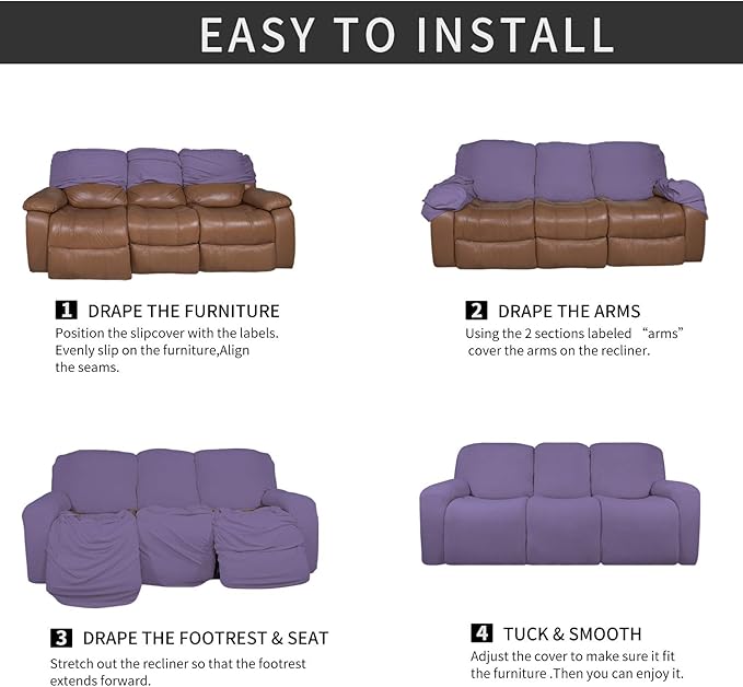 Easy-Going 8 Pieces Microfiber Stretch Sectional Recliner Sofa Slipcover Soft Fitted Fleece 3 Seats Couch Cover Washable Furniture Protector with Elasticity for Kids Pet(Recliner Sofa, Purple)