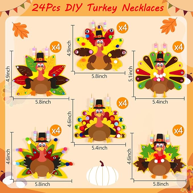 24Pcs Thanksgiving Crafts for Kids - Fall Turkey DIY Felt Art Kits Bulk Toys for Classroom Activities Party Games Ages 3-5, 4-8, 8-12