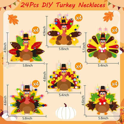 24Pcs Thanksgiving Crafts for Kids - Fall Turkey DIY Felt Art Kits Bulk Toys for Classroom Activities Party Games Ages 3-5, 4-8, 8-12