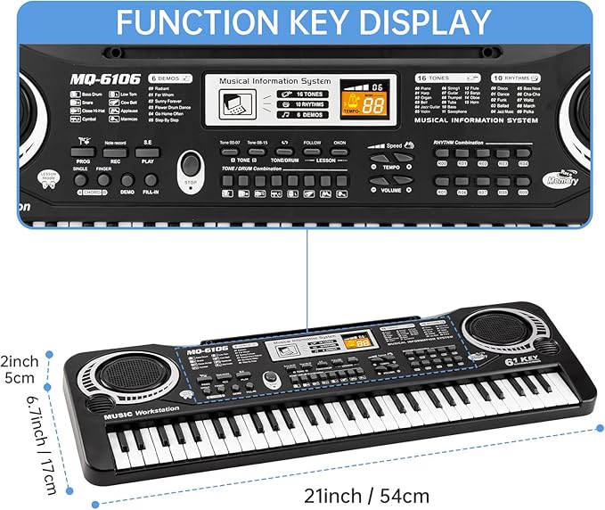 61 Key Piano Keyboard for Kids, Electronic Music Toy for Beginners, 16 Tones, 10 Rhythms, 6 Demos, Built-in Recording, Perfect Christmas or Birthday Gift for Ages 3+