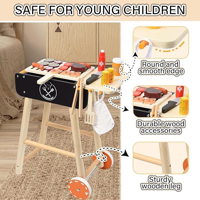 MerryPony Wooden Play Barbecue Toy Grill, Kids BBQ Grill Playset with Play Food and Grilling Tools, Kids Cooking Sets, Outdoor Play Kitchen Set Kids, Pretend Play Kitchen Accessories Toddlers Age 3+