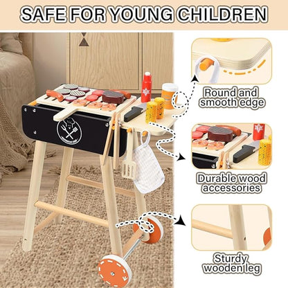MerryPony Wooden Play Barbecue Toy Grill, Kids BBQ Grill Playset with Play Food and Grilling Tools, Kids Cooking Sets, Outdoor Play Kitchen Set Kids, Pretend Play Kitchen Accessories Toddlers Age 3+