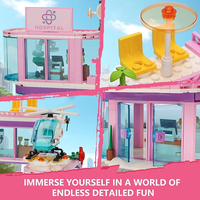 QLT QIAOLETONG Friends City Hospital Building Set, Ambulance Truck with Hospital Bed Wheelchair Playset Birthday, Gift for Boys Girls Kids 6+ Years Old-Compatible with Lego for Girls Age 8-12