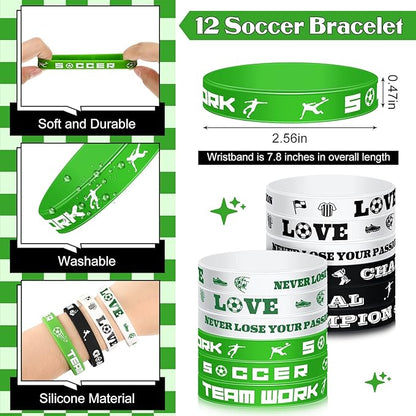 48 Pcs Soccer Party Favors Supplies, 12 Soccer Silicone Bracelet 12 Soccer Drawstring Treat Bag 12 Mini Soccer Stress Ball and 12 Soccer Keychains for Birthday Soccer Party Decorations Gift Kids