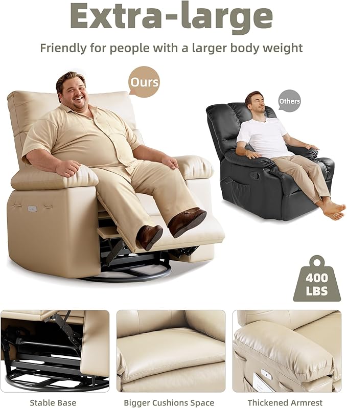 Electric Recliner Chair - 360° Rocker Swivel Recliner with Heat and Massage, PU Leather Large Power Recliner for Adults, Comfortable Lazy Chair with 1.5X Sponge Filling for Living Room