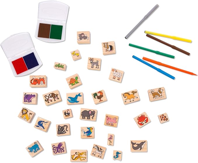 Melissa & Doug Deluxe Wooden Stamp Set: Animals - 30 Stamps, 6 Markers, 2 Stamp Pads Kids Art Projects, Wooden Stamps With Washable Ink, For Kids Ages 4+