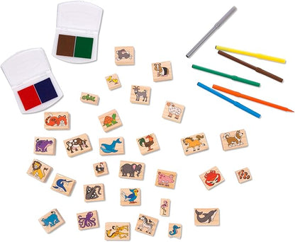 Melissa & Doug Deluxe Wooden Stamp Set: Animals - 30 Stamps, 6 Markers, 2 Stamp Pads Kids Art Projects, Wooden Stamps With Washable Ink, For Kids Ages 4+