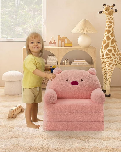 MOONBEEKI Comfy Toddler Chair, Kids Couch Fold Out to Lounger, Foldable Baby Sofa Plush for Girl and Boy Age 18 Months and Up （Pig）