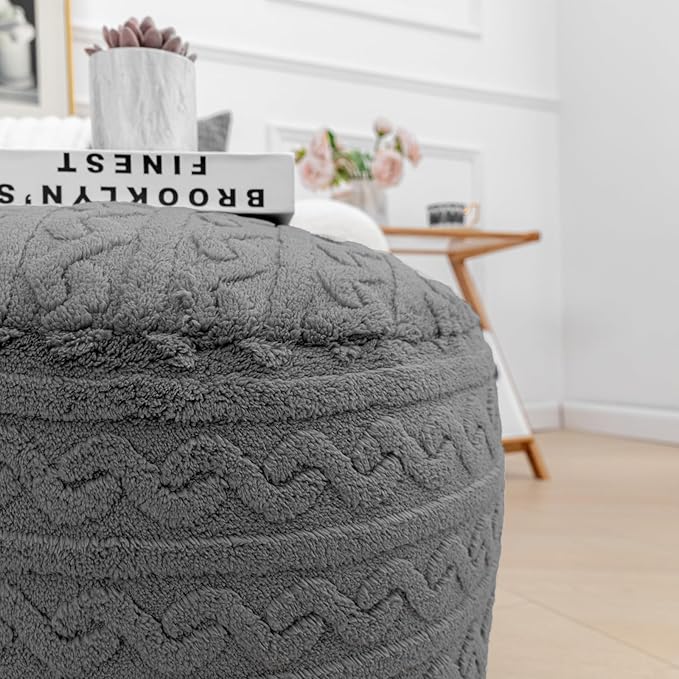 Round Stuffed Pouf Ottoman 20x20x12 Inches Plush Fiber Ottoman Foot Rest Under Desk Foot Stool Great for Living Room Bedroom Small Furniture (Gray Pouf with Filler)