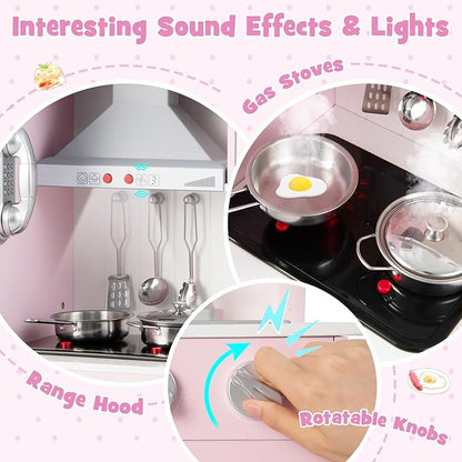 KOTEK Play Kitchen with Lights and Sounds, Wooden Toddler Kitchen Playset with Ice Maker, Washing Machine, Range Hood, 16 Pcs Toy Food & Cookware, Gift Chef Pretend Kitchen Set for Kids (Pink)