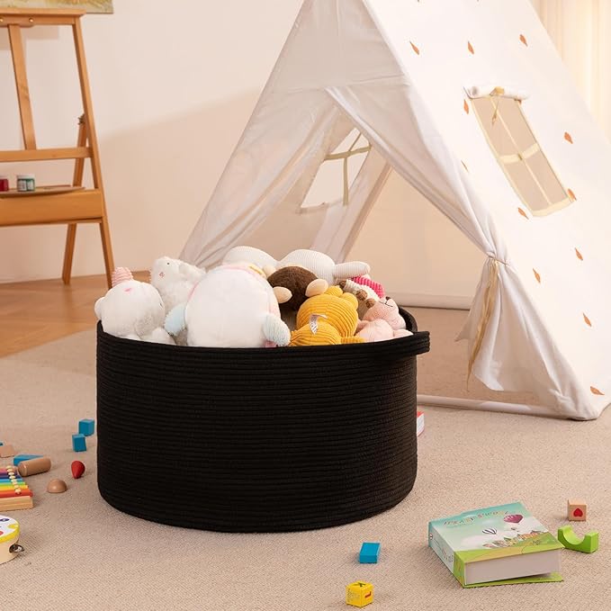 OIAHOMY 90L Blanket Basket for Living Room, Large Basket 23" x 23" x 13" with Handle, Laundry Hamper for Blankets, Pillows, Toy Storage for Kids, Dogs - Black
