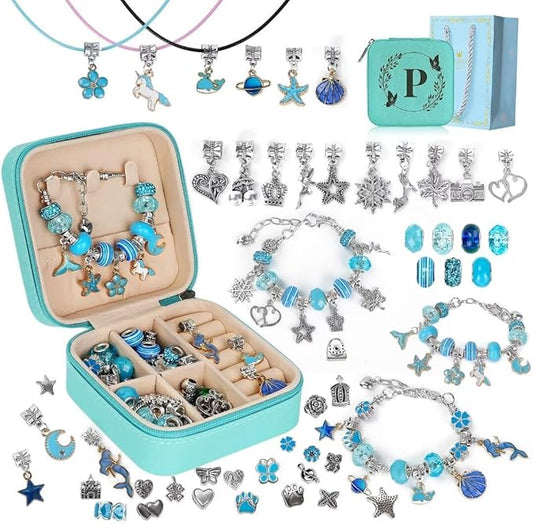 Charm Bracelet Making Kit, Kid Jewelry Making Kit for Girls 8-12, Unicorn Craft Kits for Teen Girls Toys Ages 3-10 Years Old Girl Gifts Trendy Stuff Birthday Christmas Gift with Initial Jewelry Box- P