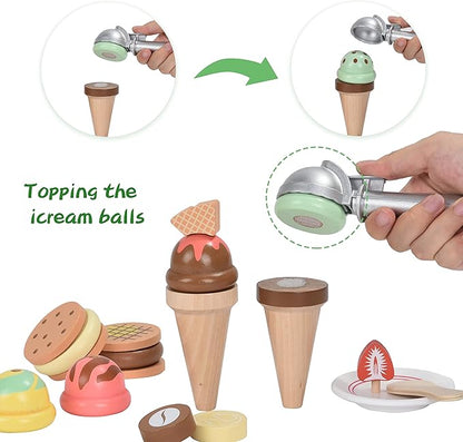 Giant bean Wooden Ice Cream, Coffee and Frozen Treat 3-in-1 Counter Playset, 25 PCS Toddler Pretend Play Kitchen Accessories, Kids Wooden Toys for 1+, Christmas Birthday Gift for Kids