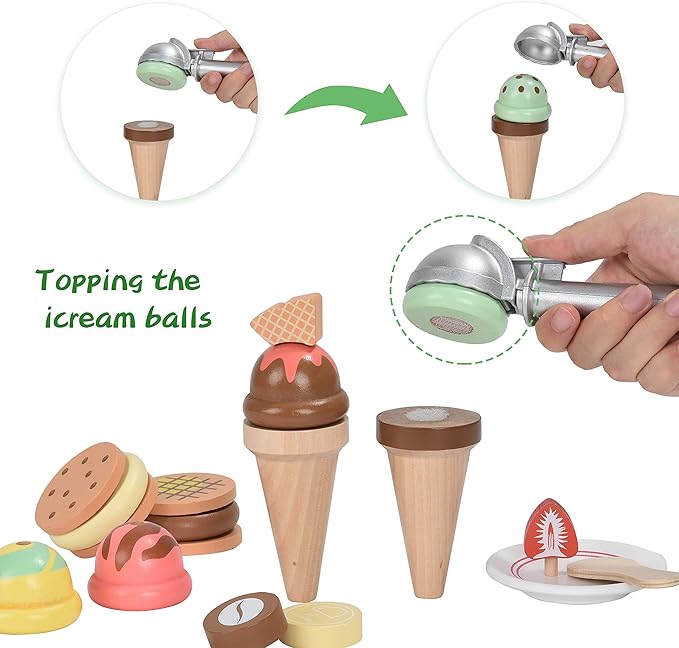 Giant bean Wooden Ice Cream, Coffee and Frozen Treat 3-in-1 Counter Playset, 25 PCS Toddler Pretend Play Kitchen Accessories, Kids Wooden Toys for 1+, Christmas Birthday Gift for Kids