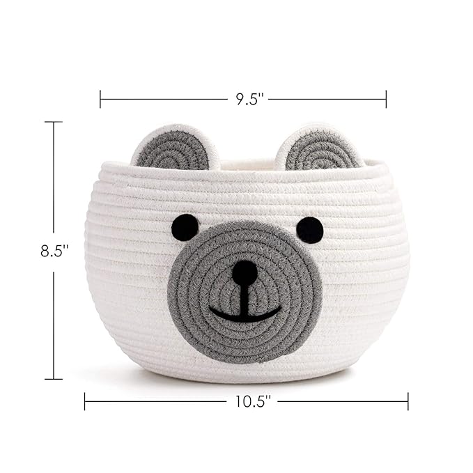 CherryNow Cotton Rope Baby Basket for Nursery, Bear Gift Baskets for Kids, Empty Baby Shower Basket with Handles, Small Cute Animal Baskets, White, 10.5"D x 8.5"H