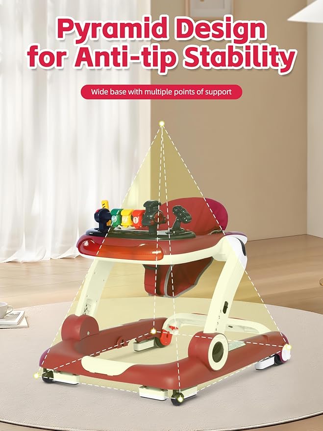 Music and Lights Baby Walker with Wheels, 6 in 1 Baby Activity Center w/Ergonomic backrest Design, Baby Walkers for Boys w/Foot Pads, Music Bouncer Walkers for Boys Girls Babies 6-18 Months, Red