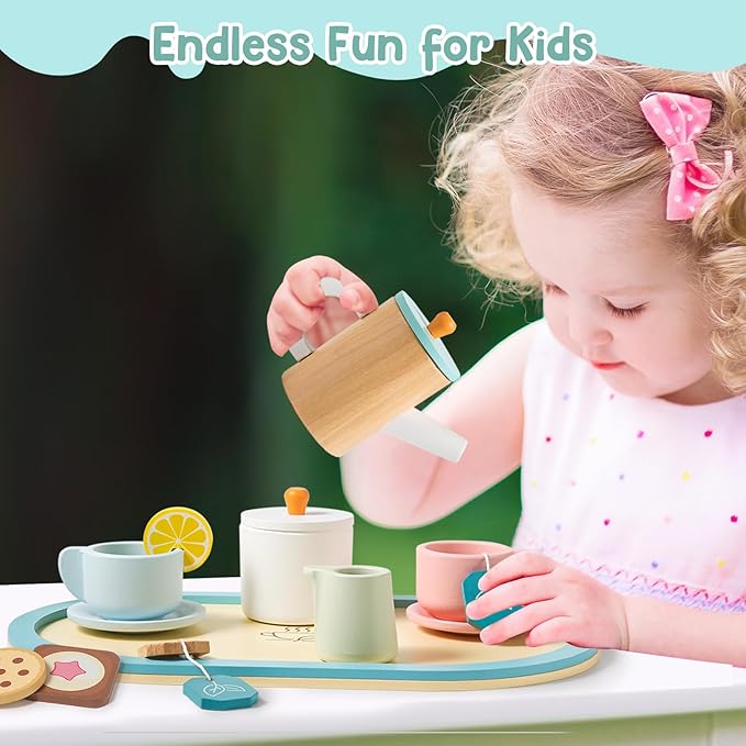 KMUYSL Toys for 2 3 4 5 Years Old, Wooden Tea Toys Pretend Toys for Little Girls, Kitchen Toy, Christmas Stocking Stuffers for Kids Age 2-4, Idea Gift for Toddlers Boys Girls