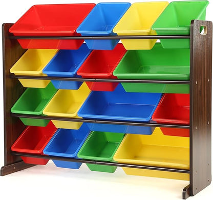 Humble Crew Toy Storage Organizer with 16 Removable Storage Bins for Kids Playroom, 4-Tier Toddler Toy Organization and Storage, Walnut/Primary