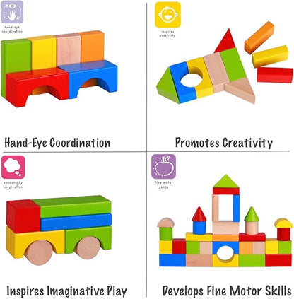 Pidoko Kids Wooden Blocks - 100 Pcs - Building Blocks for Toddlers - Includes Storage Container with Shape Sorter Top - Hardwood Plain & Colored Wood Blocks - Preschool Block Learning Toys