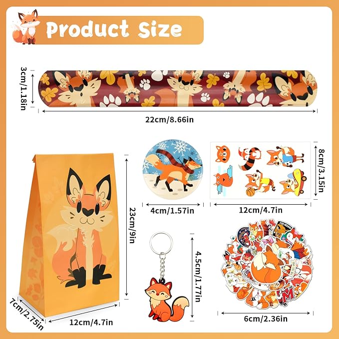 110Pcs Fox Birthday Decorations Fox Party Favors with Slap Bracelets Keychain Temporary Tattoo Stickers Badges Gift Bags for Kids Woodland Baby Shower Jungle Safari Party Supplies