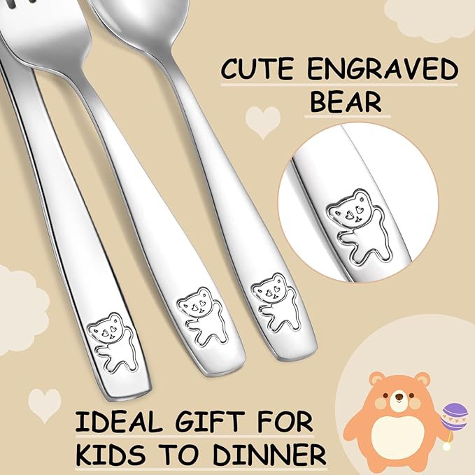 9 Piece Stainless Steel Kids Silverware Set,Toddler Utensils,Child and Toddler Flatware,Kids Utensil Set,Children Safe Forks, Spoons and Knives,Mirror Polished, Dishwasher Safe