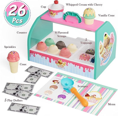 Ice Cream Toy Set for Kids, Pretend Play Ice Cream Shop for Toddlers, Ice Cream Play Set for 3-6 Year Old Girls and Boys, Play Food Accessorie, Educational Toy Food, Gift for 4 5 7 8 Year Olds